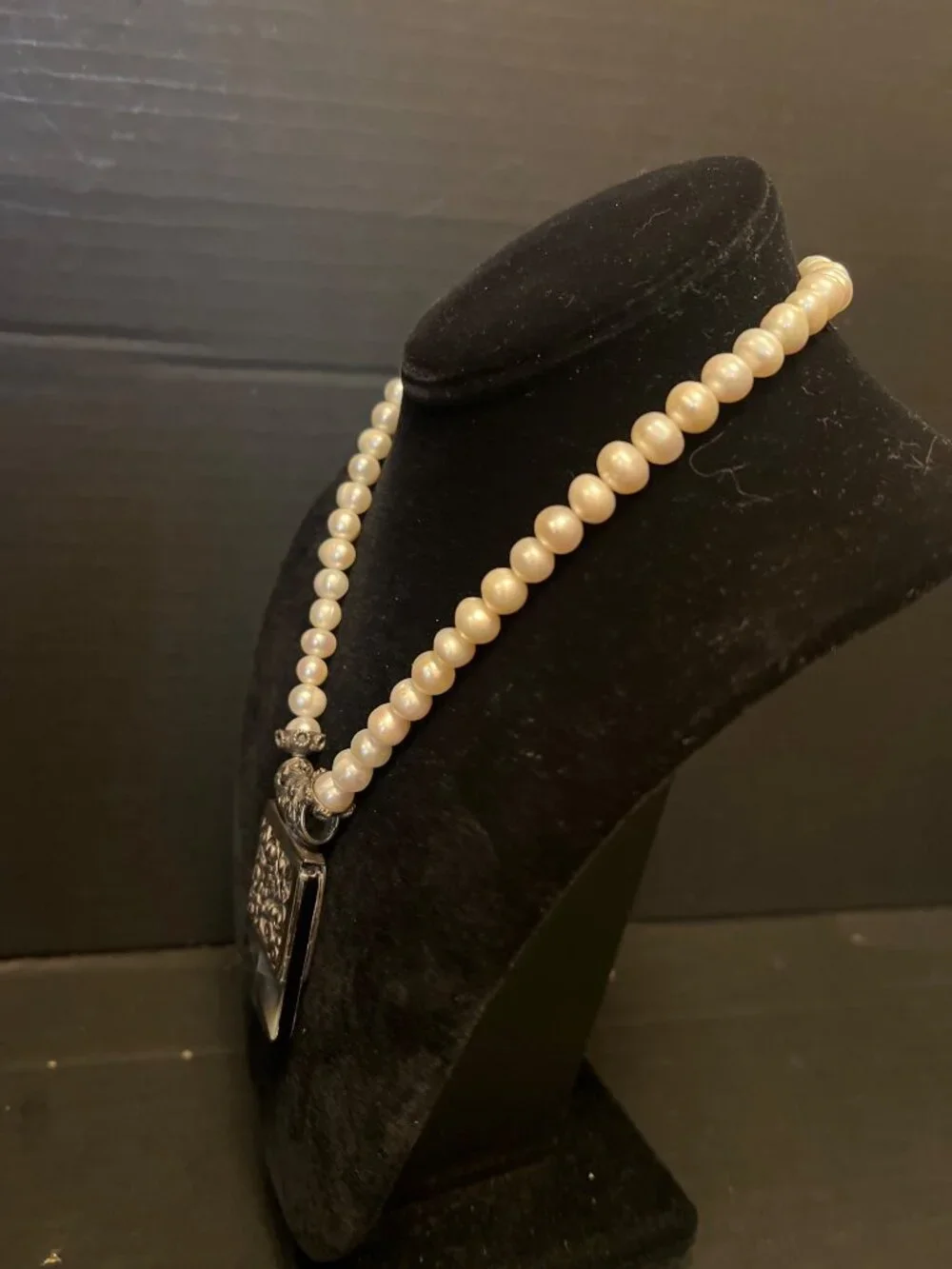 Handcrafted Pearl Necklace With Intricate abalone and Silver Pendant  Art Deco